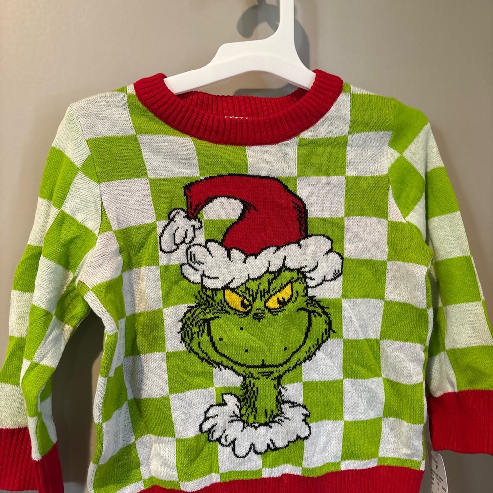 Toddler Christmas Green and Red Checkered Holiday Grinch Sweater 2T